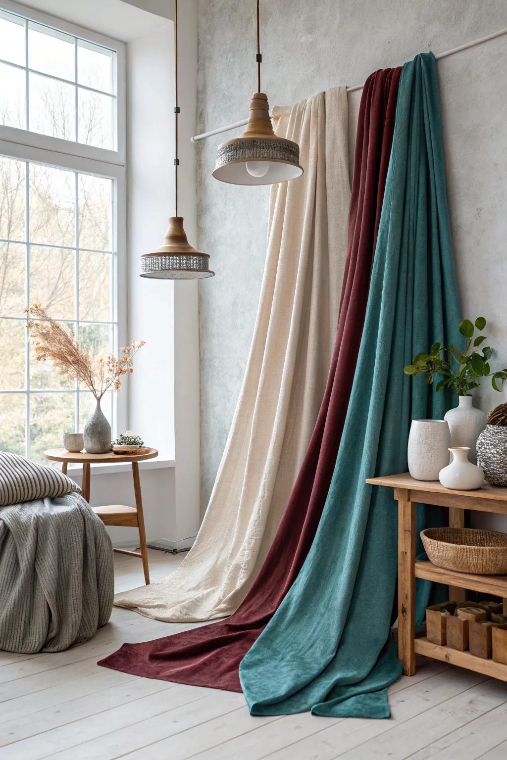 Create a captivating focal point with layered fabric backdrops in rich, complementary colors.