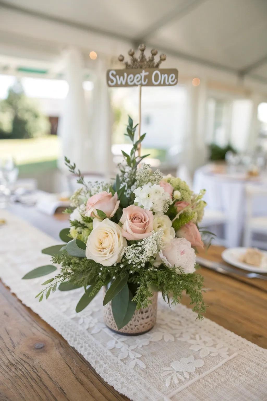 Delight guests with a floral centerpiece that whispers sweet elegance. #FloralDesign #BirthdayDecor 🌸