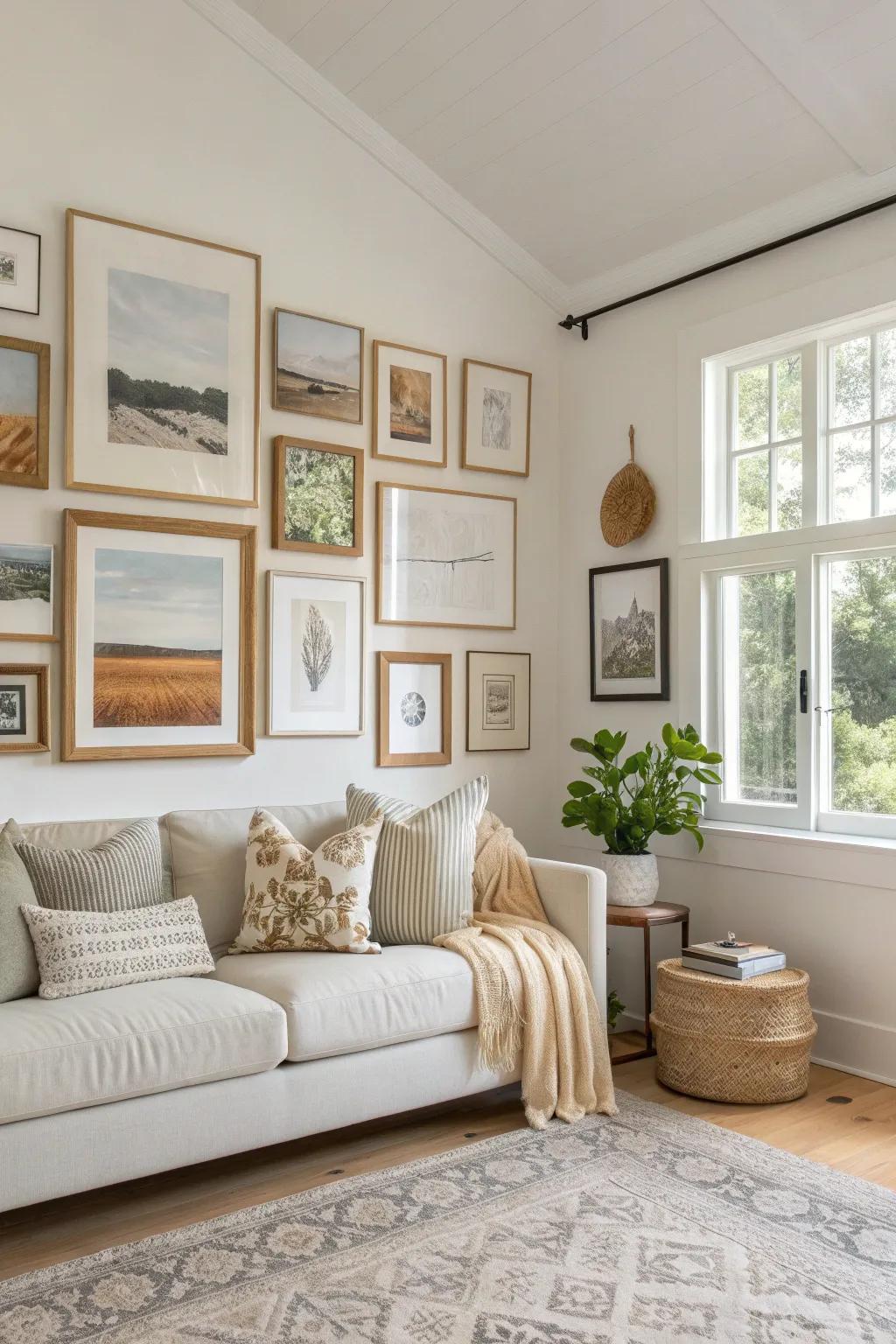 A timeless gallery wall brings art and memories to life. #GalleryWall #InteriorDesign #HomeDecor