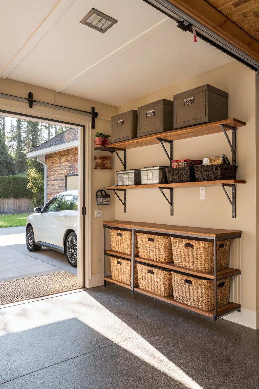 Elevate your storage game with sleek wall-mounted shelves that keep everything within reach.