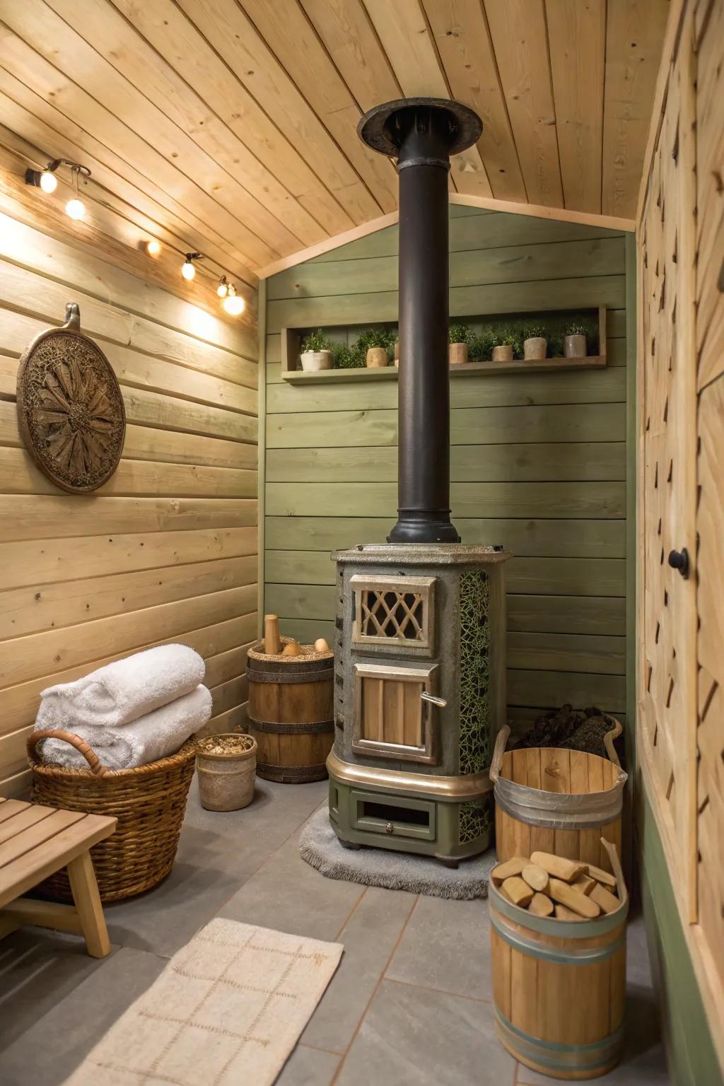 Embrace the rustic charm with wood elements for a cabin-like sauna experience. #RusticLiving #HomeRetreat
