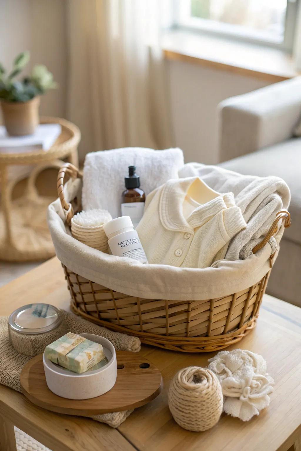 A custom gift basket brimming with essentials and love. #GiftIdeas #HomeAndDecor