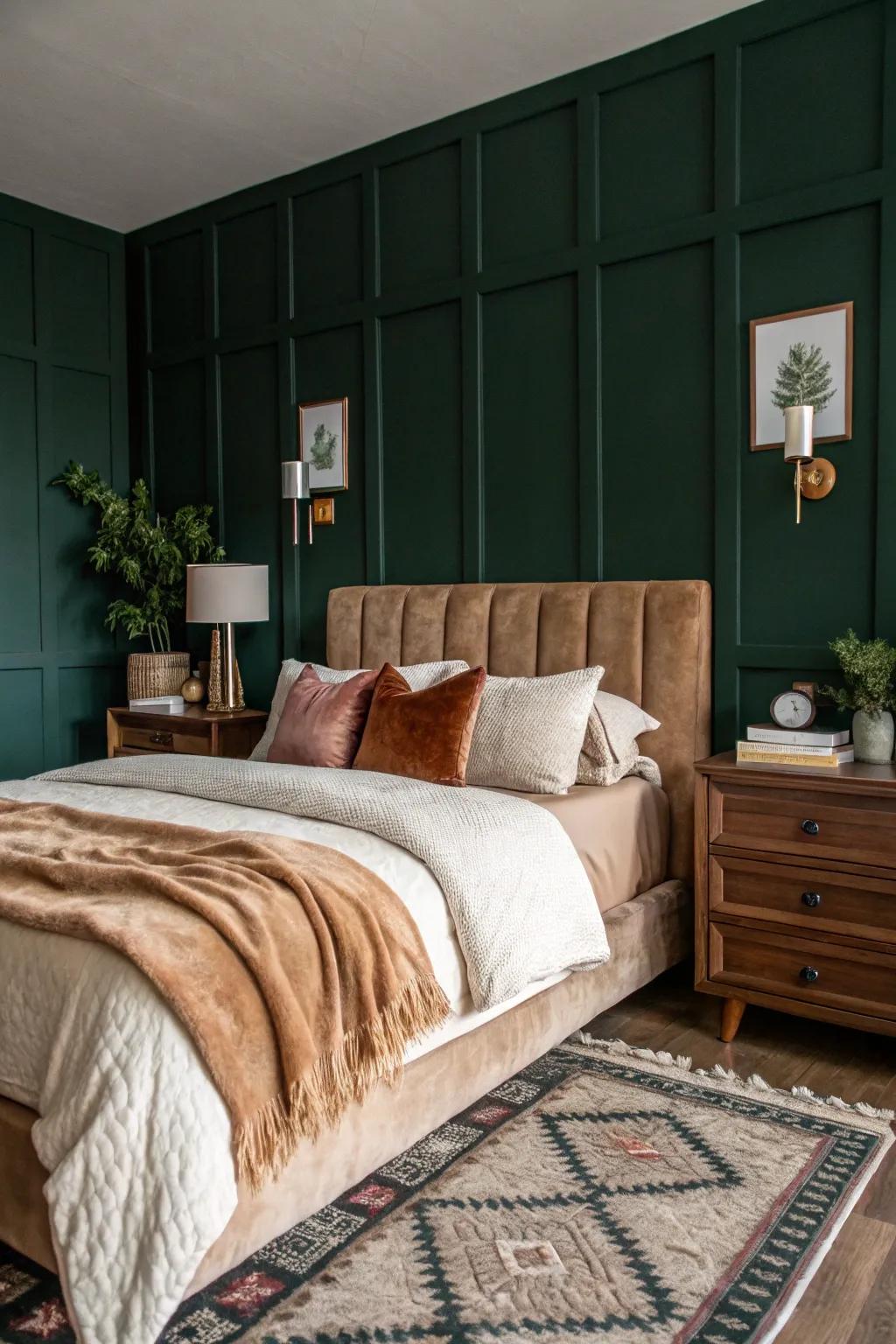 Wrap your bedroom in the tranquil embrace of deep forest green for a sophisticated touch.