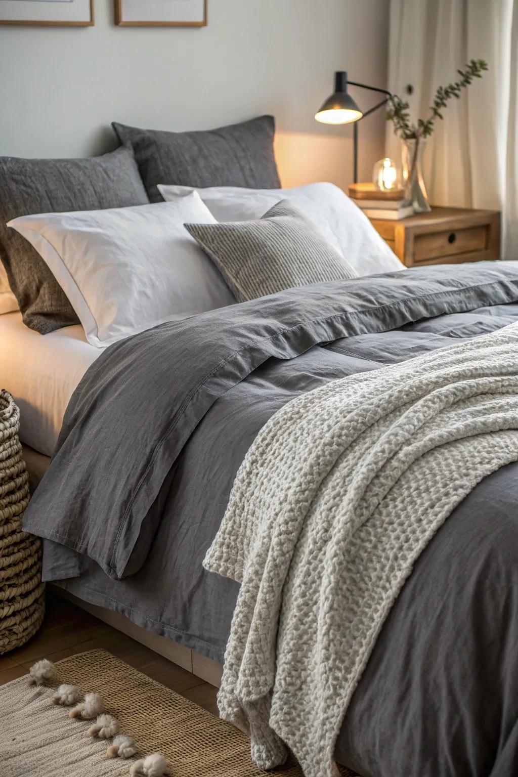Create a cozy haven by layering multiple shades of grey for a sophisticated look. #BedroomStyle #LayeredBedding