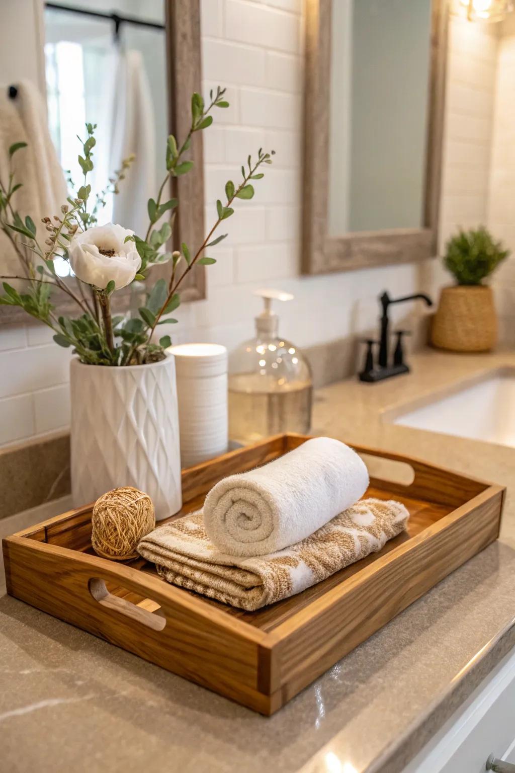 Rustic charm meets functionality with this wooden tray setup. #RusticElegance #BathroomInspo