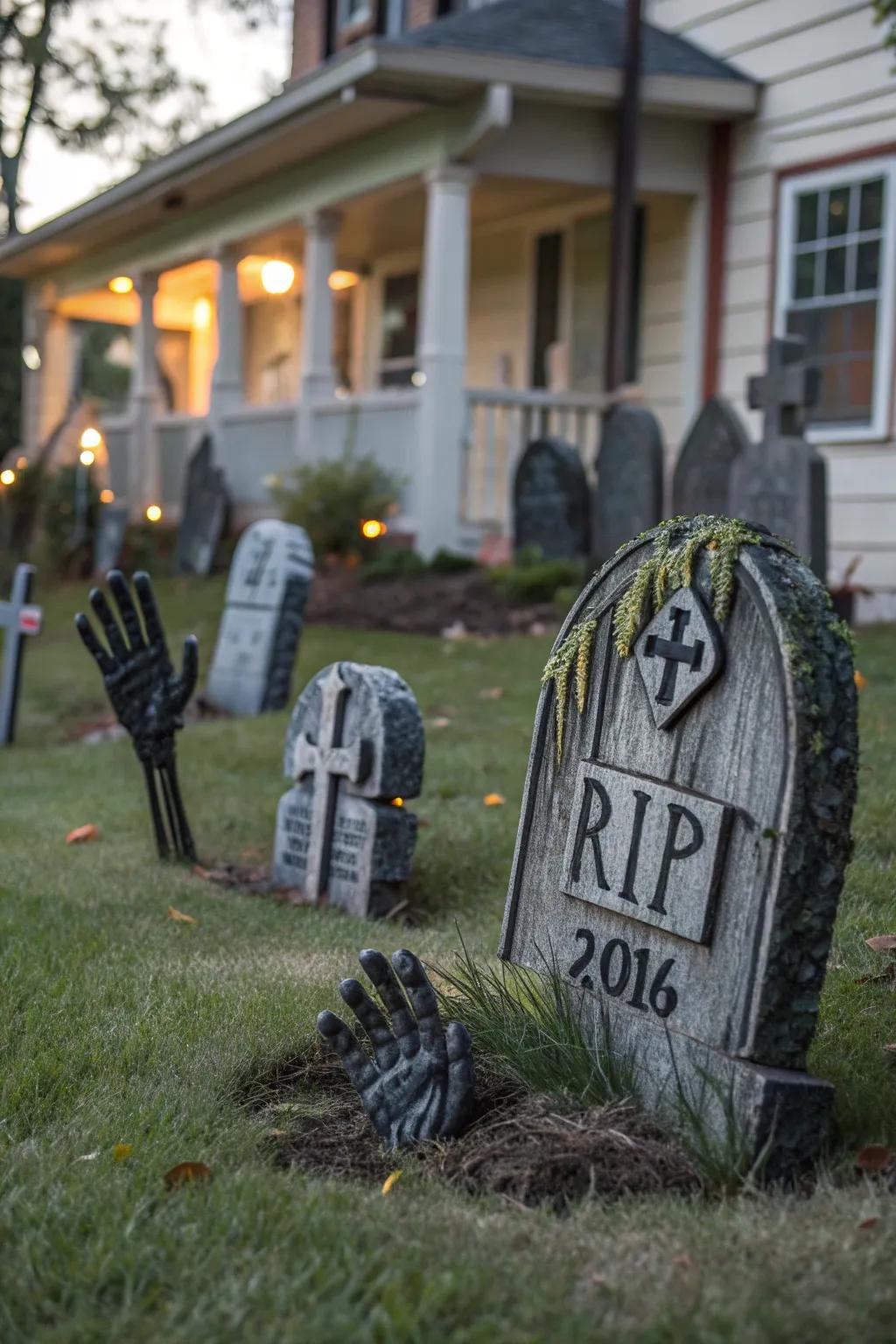 Transform your yard into a chilling graveyard with DIY tombstones and zombie hands.