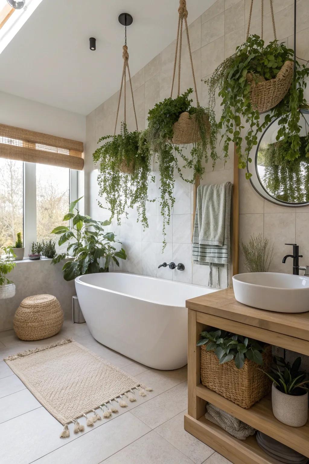 Create a spa-like retreat by hanging plants from ceiling hooks above your bathtub for a floating garden effect.