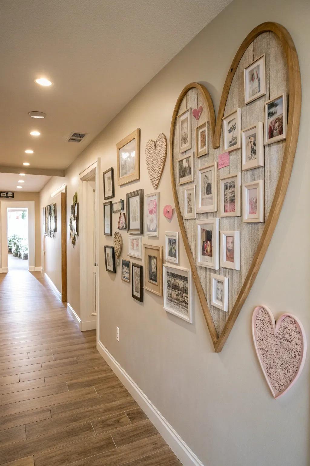 A heart-shaped gallery wall adds a personal touch to your home. #HomeDecor #GalleryWall #LoveDecor ❤️