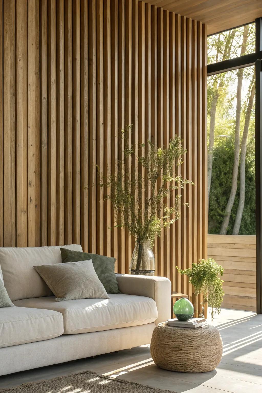 Vertical wooden slats bring a modern touch to your living area, creating a chic and inviting atmosphere.
