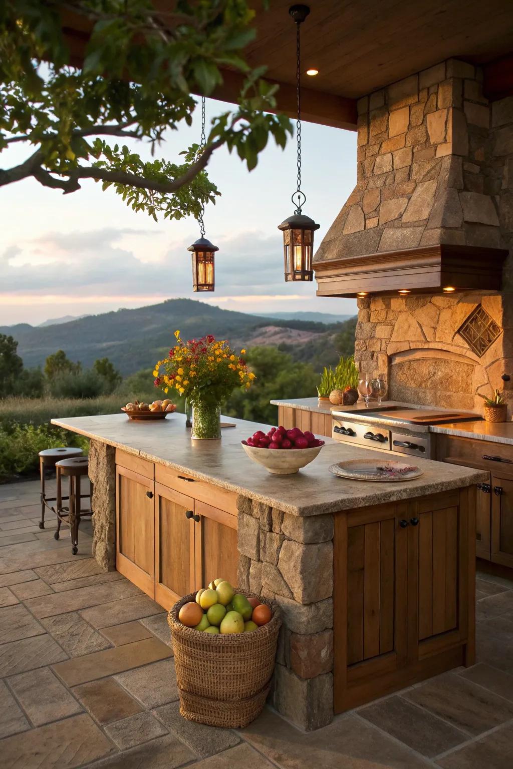 Embrace the beauty of nature with wood and stone kitchen islands that exude warmth and timeless elegance.
