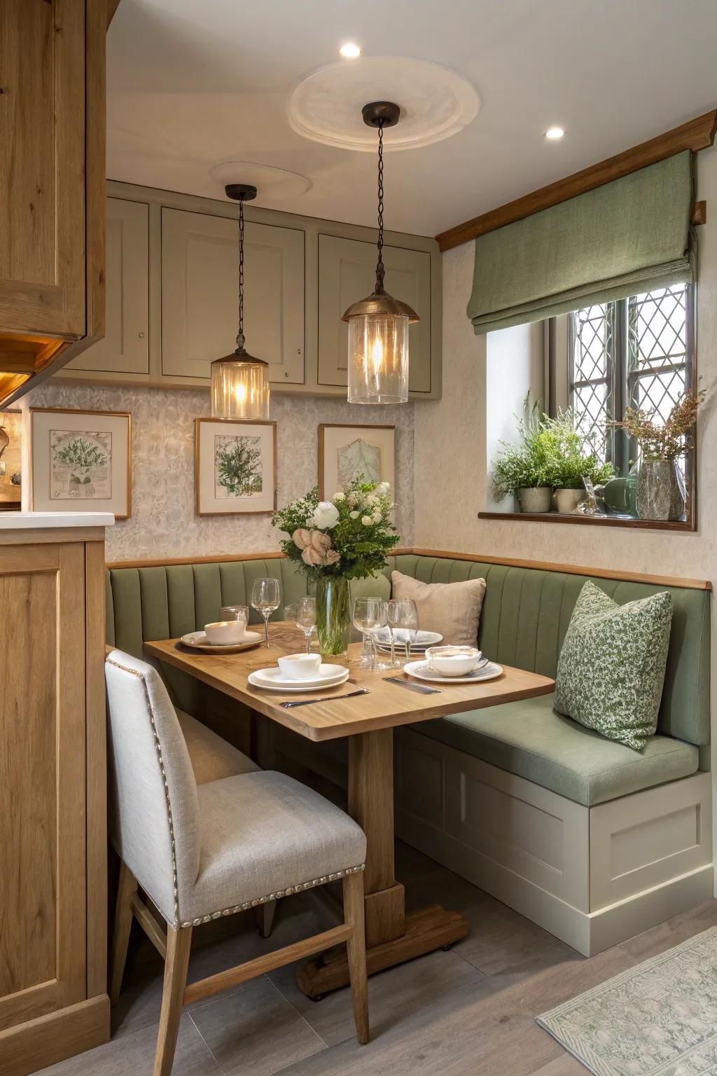 Built-in booths provide a seamless, space-saving solution for cozy kitchen corners.