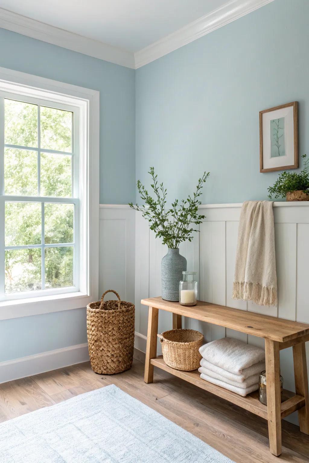 Create a peaceful retreat with light blue walls and cozy, neutral accents. #BedroomBliss #CalmSpaces