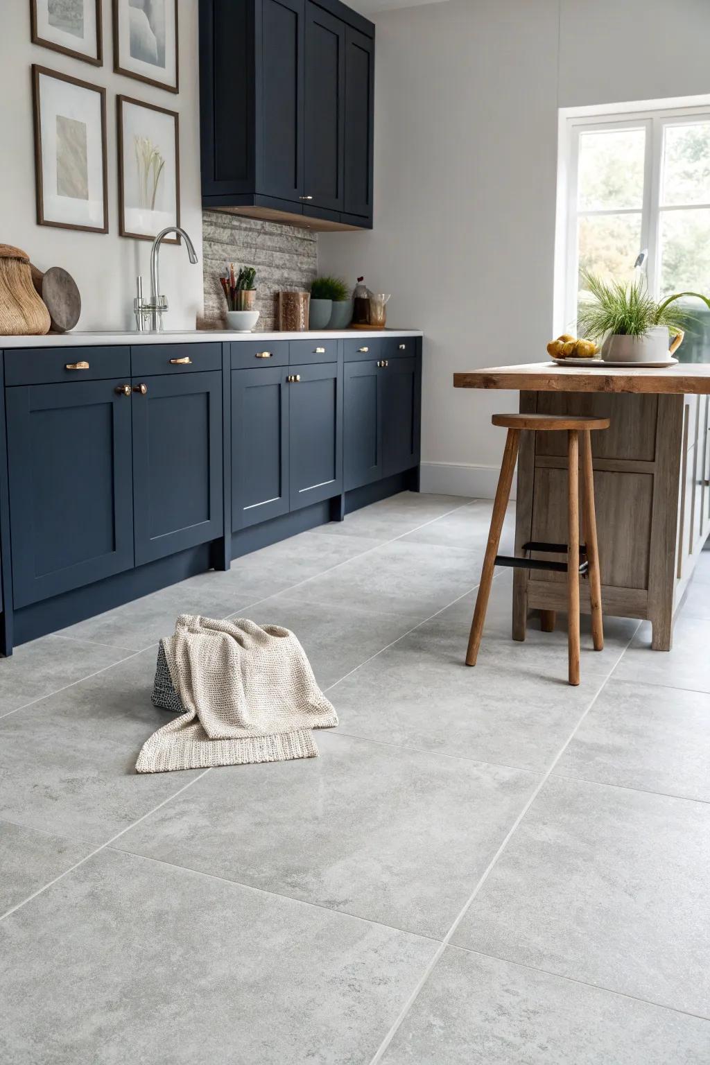 Dark navy cabinets against light grey floors offer a timeless and elegant kitchen design.