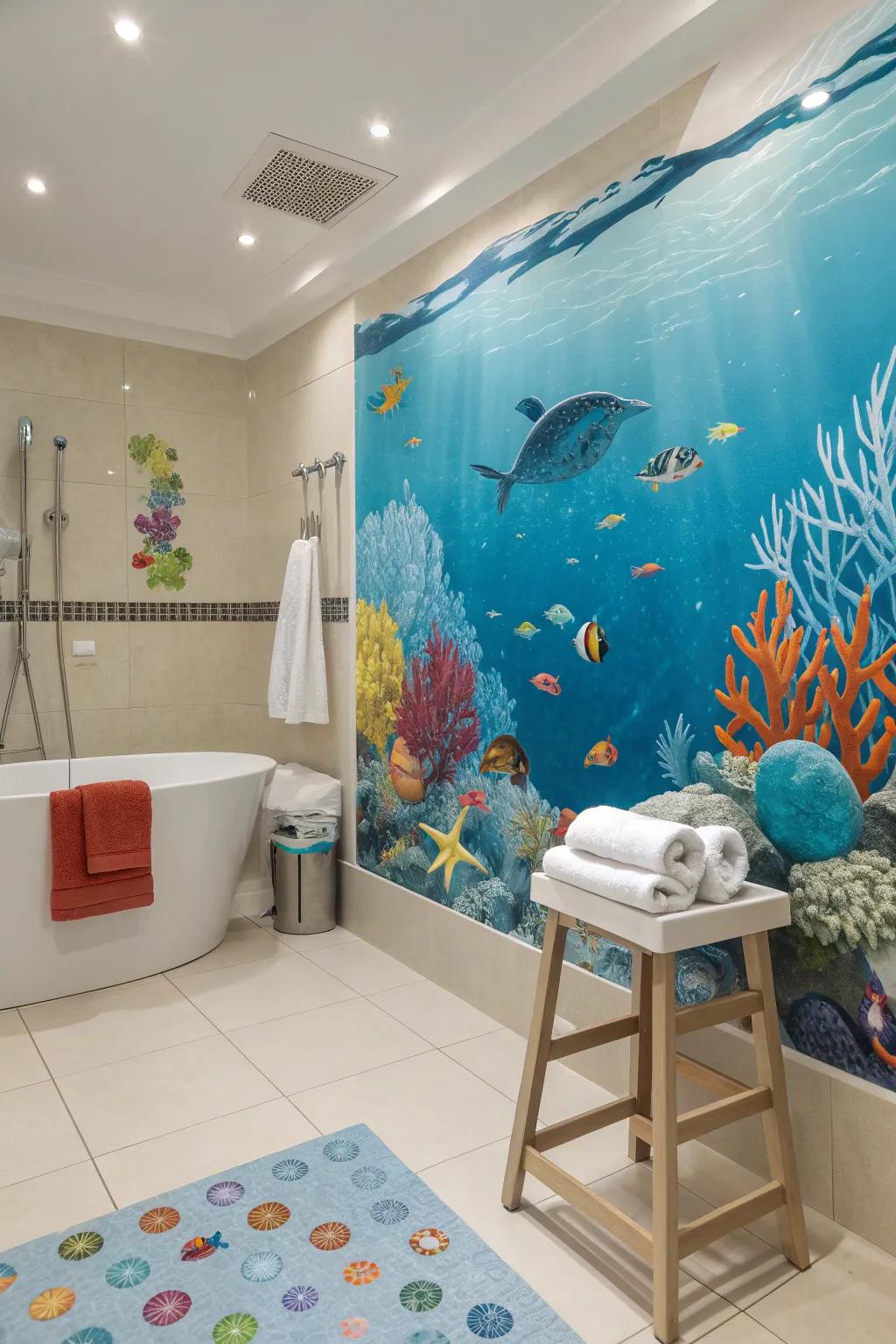 An underwater adventure awaits with a mural that turns bath time into playtime paradise.