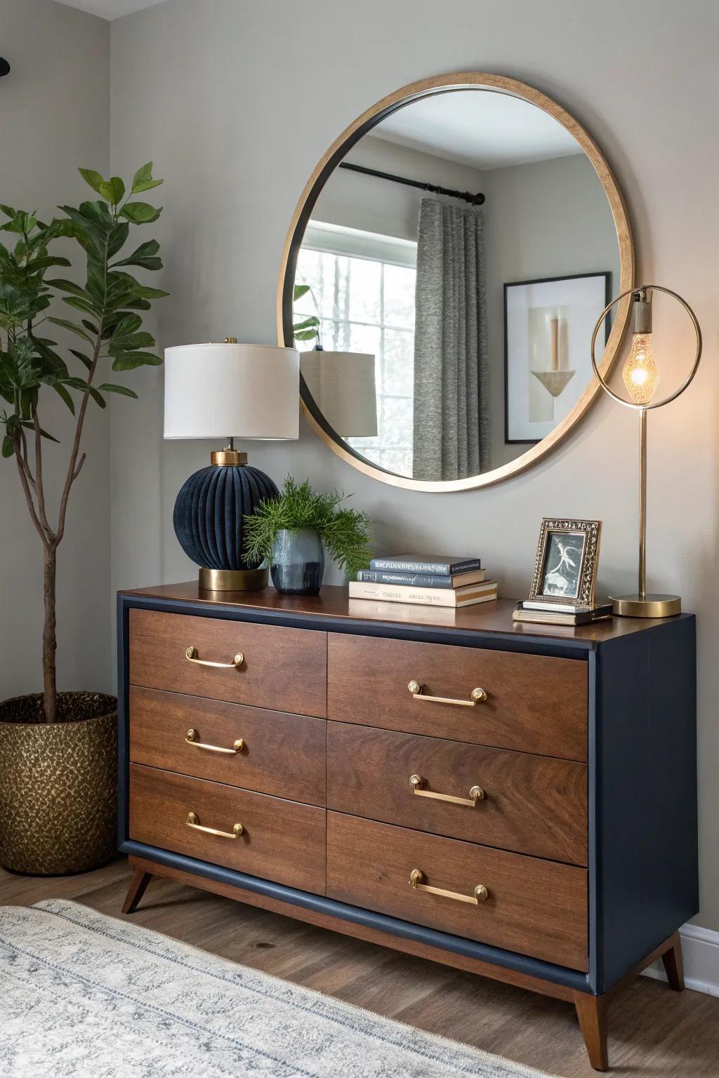 A large mirror above your dresser not only expands space but also adds elegance to your room.