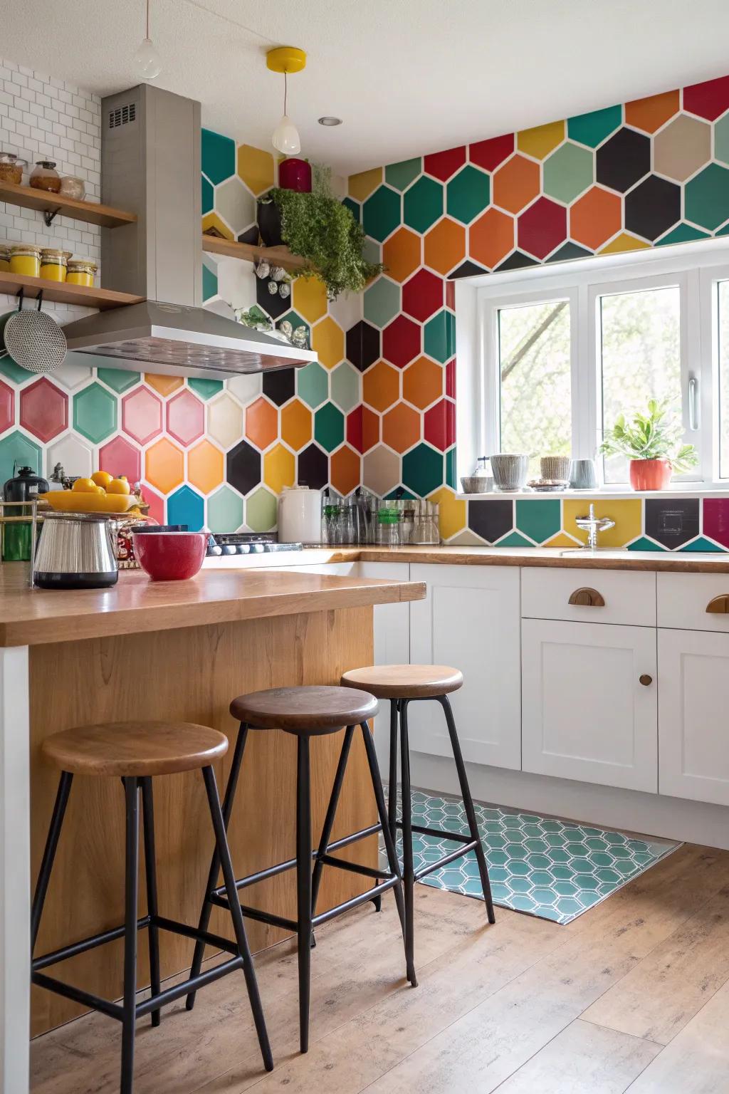 Go bold with vibrant geometric tiles that add a splash of mid-century character to your kitchen.