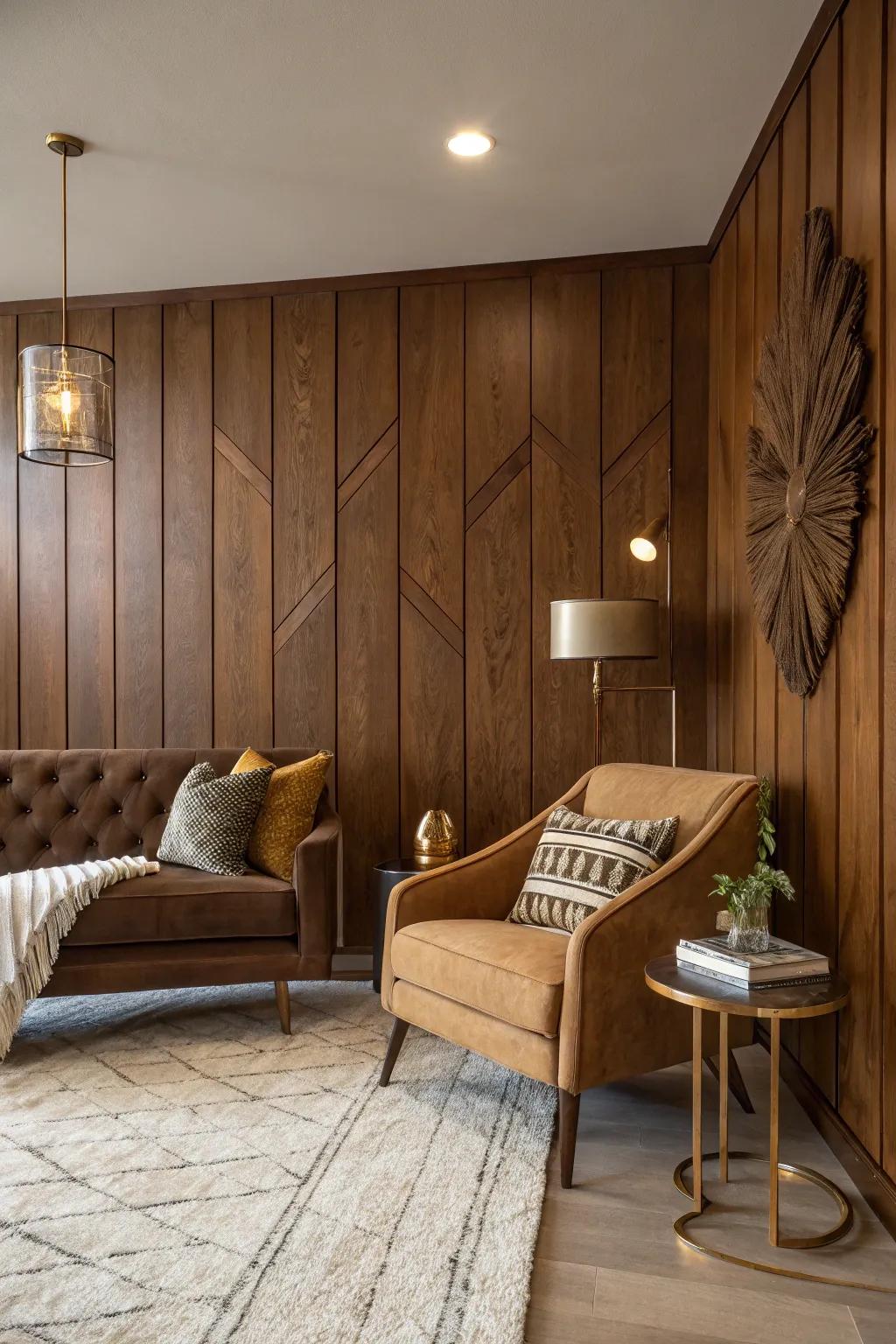 Embrace the warmth and elegance of wood paneling for a cozy mid-century vibe.