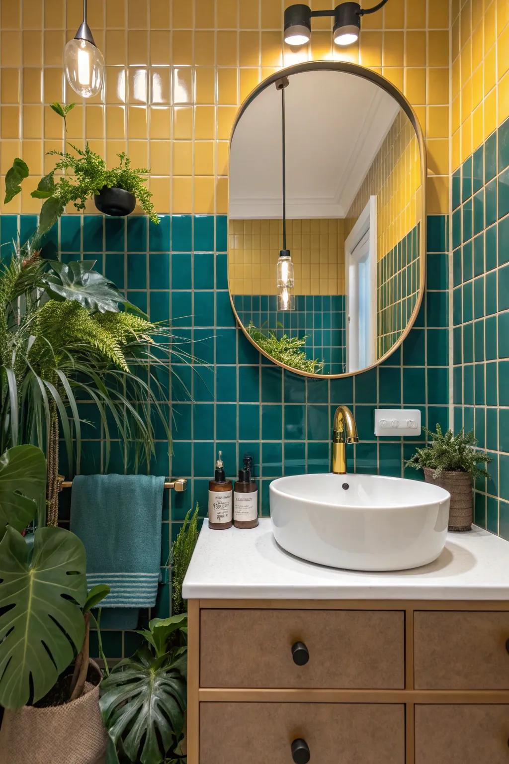 Embrace the boldness of mid-century colors to create a lively and inviting bathroom atmosphere.
