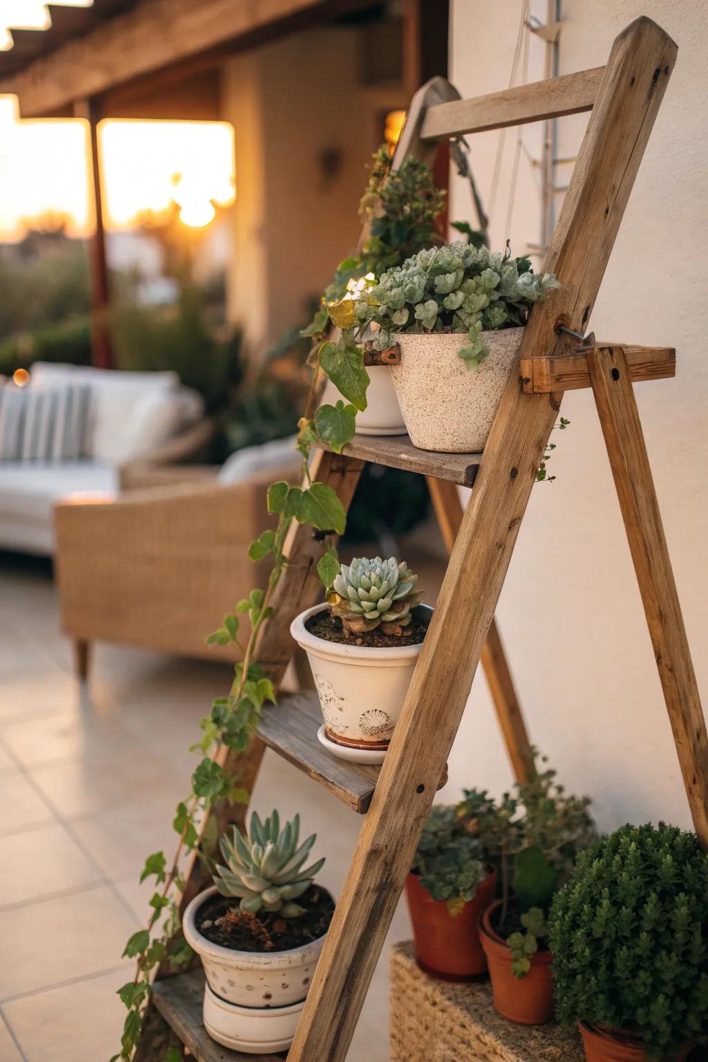Bring nature indoors with a mini ladder adorned with lush greenery for a refreshing touch. 🌿 #IndoorPlants #GreenLiving