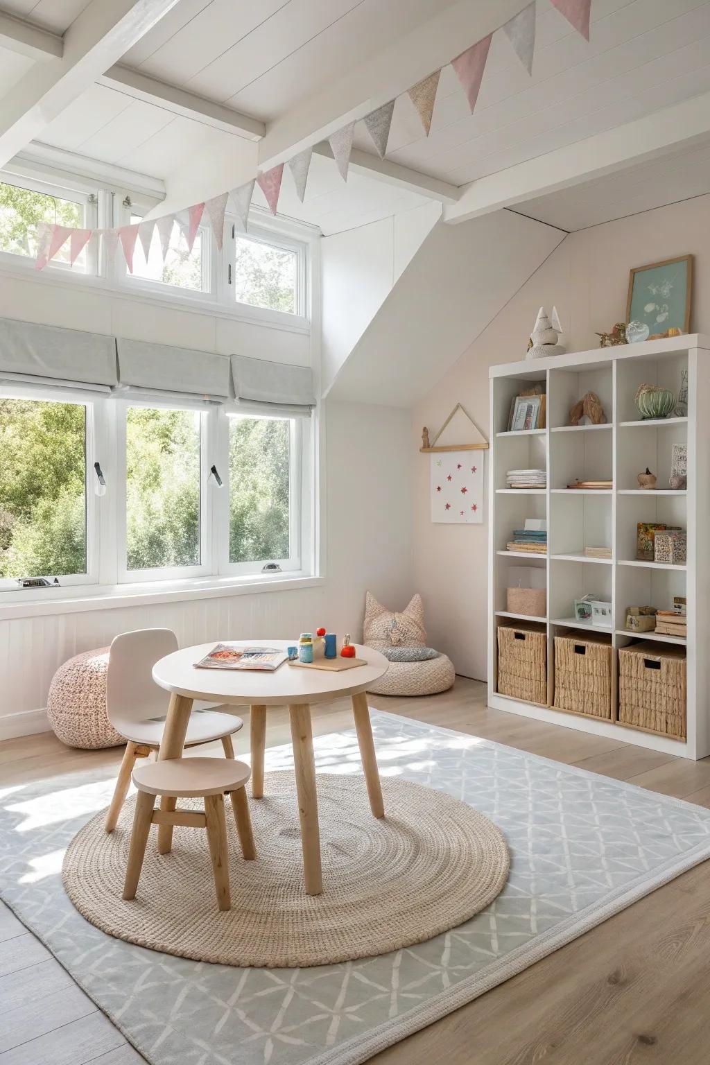Simple, functional furniture creates an open and inviting space for endless playtime adventures.