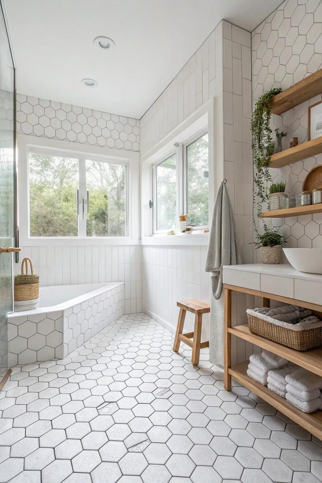 Embrace the geometric charm of hexagonal tiles for a touch of modern elegance.