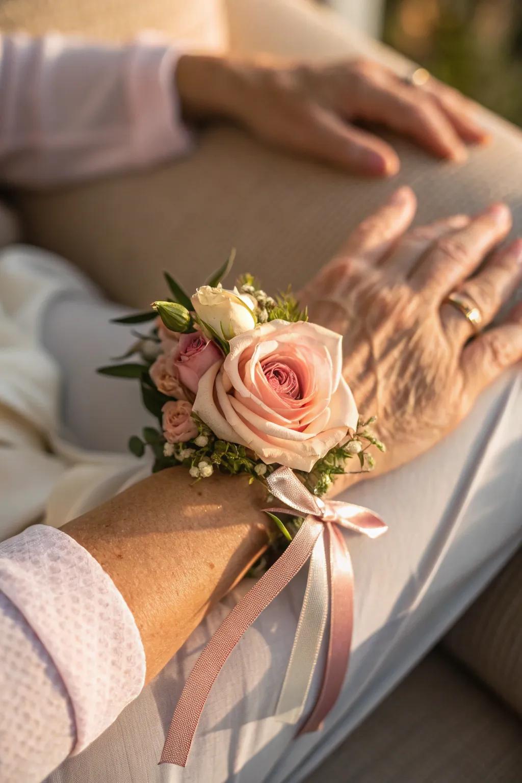 Classic elegance meets heartfelt sentiment with a fresh rose wrist corsage.