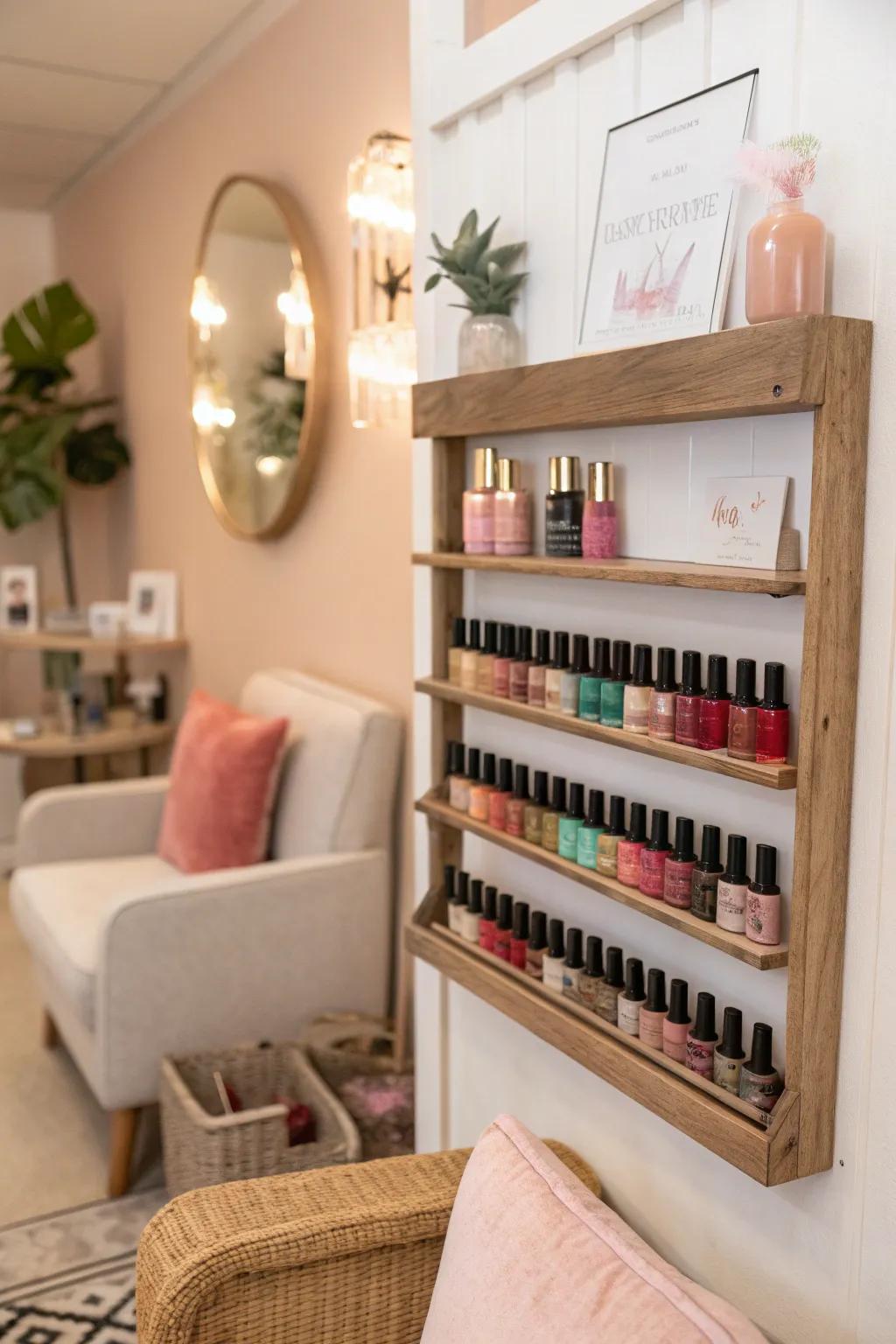 Maximize your space with chic wall-mounted racks that turn your collection into a vibrant display.