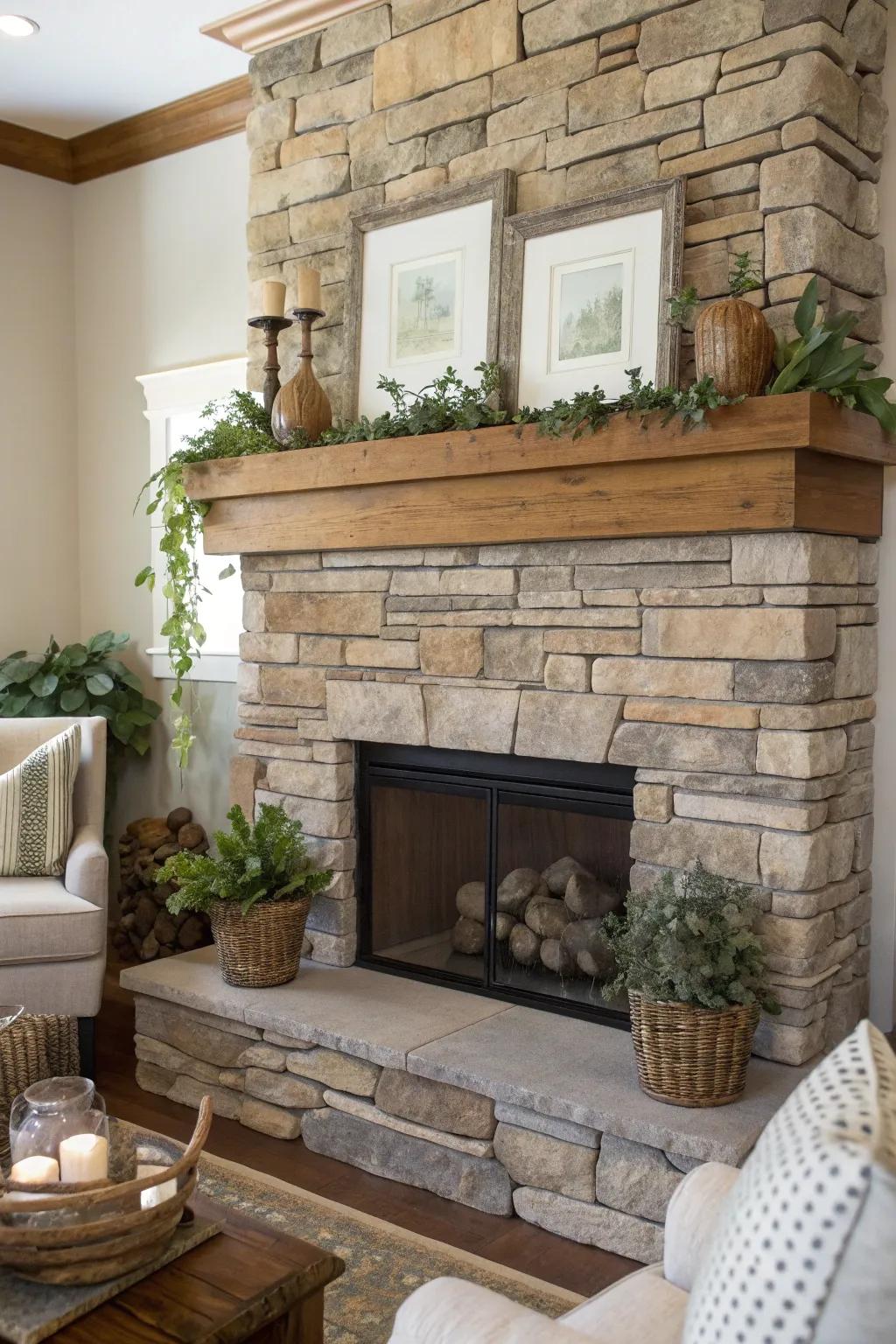 The rustic charm of stone mantels brings warmth and safety to your home. #StoneMantel #CozyLiving