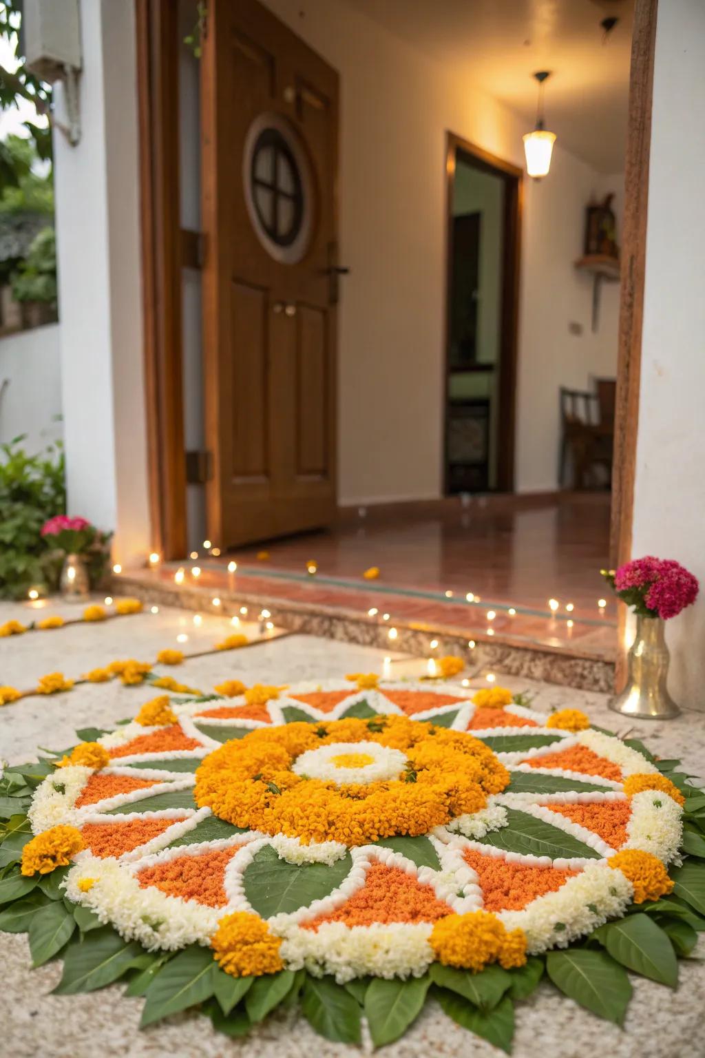 Infuse your entrance with a splash of color and tradition with a vibrant pookalam centerpiece.