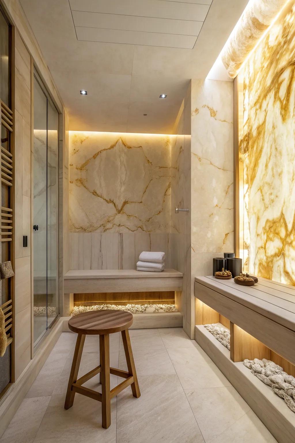 Illuminate your bathroom with stunning backlit onyx walls that create an enchanting atmosphere. #BathroomGoals #OnyxMagic