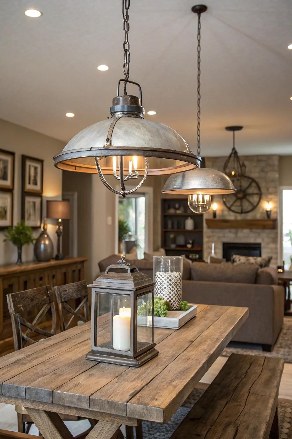 Embrace the beauty of mixed styles with a contemporary pendant and rustic sconce for a dynamic look.