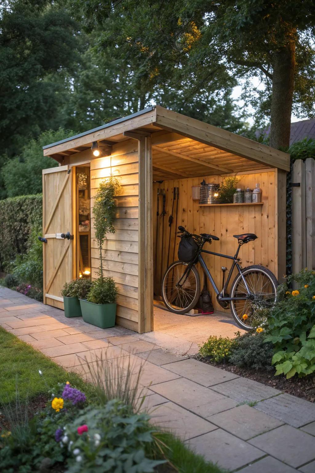 Embrace the rustic charm of a wooden bike shed that offers both protection and style for your outdoor space.