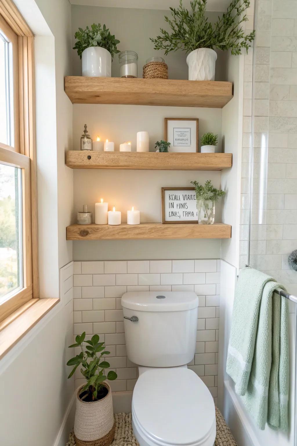 Give your bathroom an airy feel with floating shelves that elegantly display essentials and decor. #BathroomInspiration #FloatingShelves
