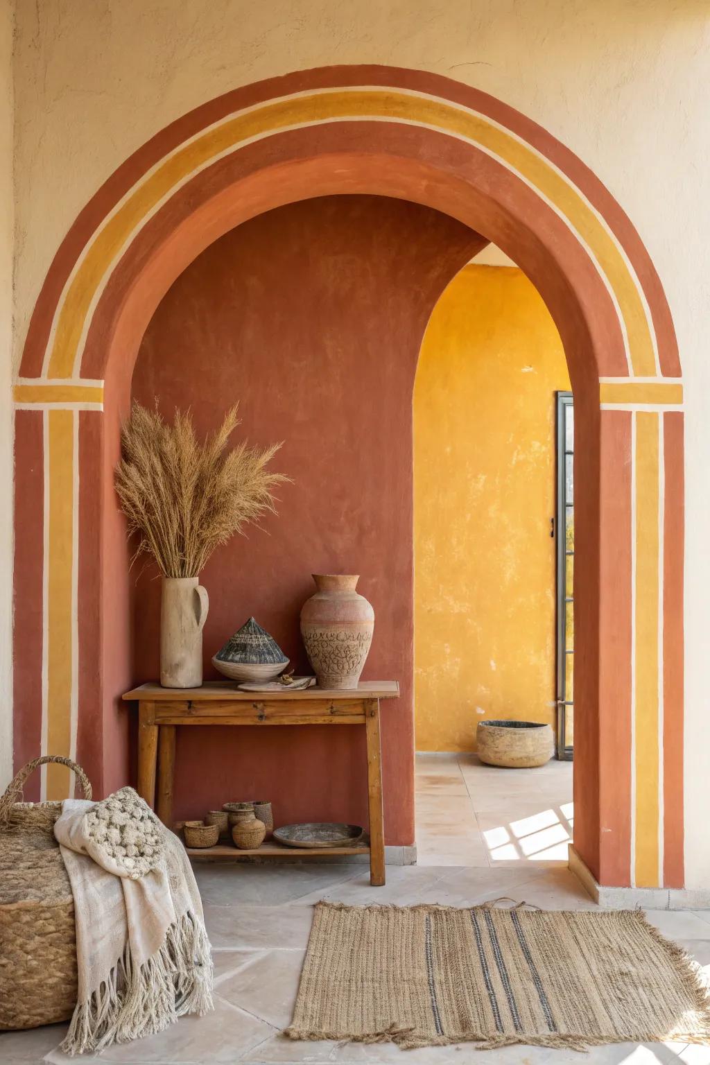 Make a bold statement with vibrant painted archways that add a splash of color to your living space.