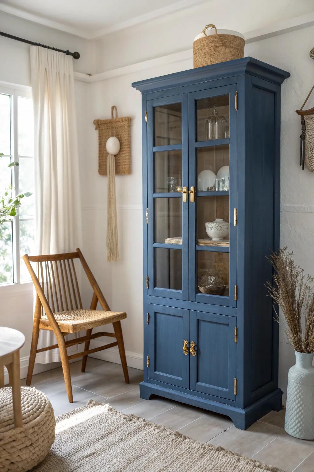 A bold blue cabinet adds a dramatic flair to any room, especially with gold accents. #BoldBlue #HomeStyle