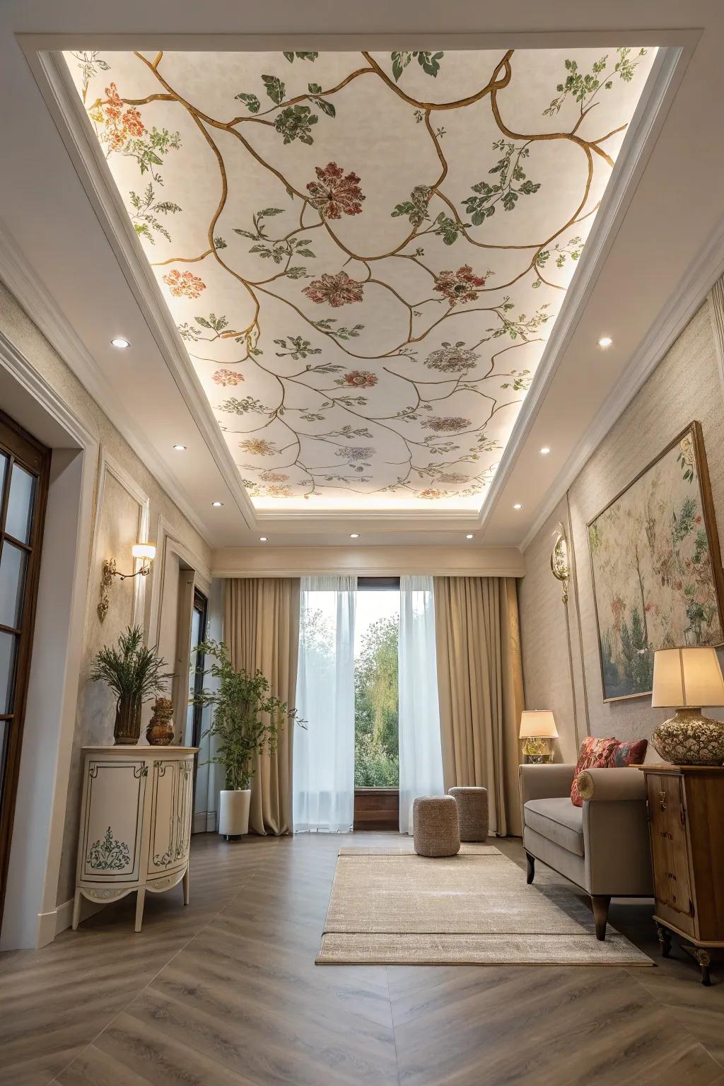 Breathe life into your space with floral patterns on your drop ceiling. 🌼 #FloralCeilings #HomeStyle