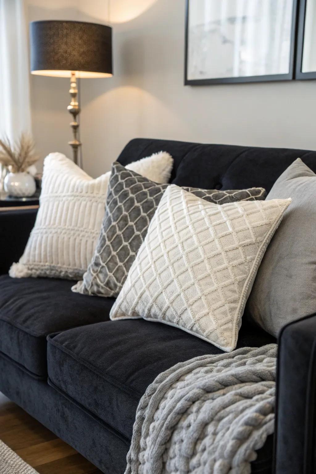 Timeless elegance with white and gray pillows enhancing the sophistication of your black couch.