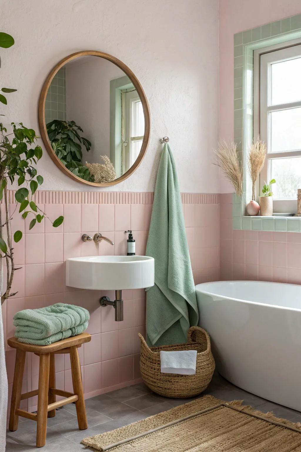 Create a harmonious escape with blush pink walls and sage green accents for a soothing ambiance.