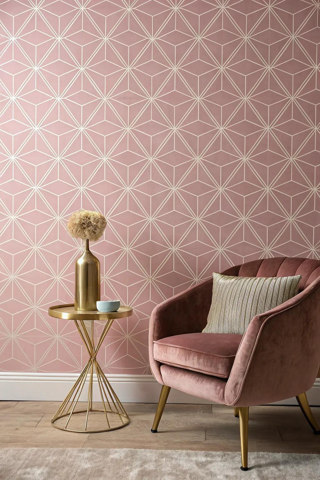 Embrace a modern aesthetic with soft pink geometric patterns that bring a touch of sophistication to your space. #GeometricDesign #ModernHome #InteriorStyle