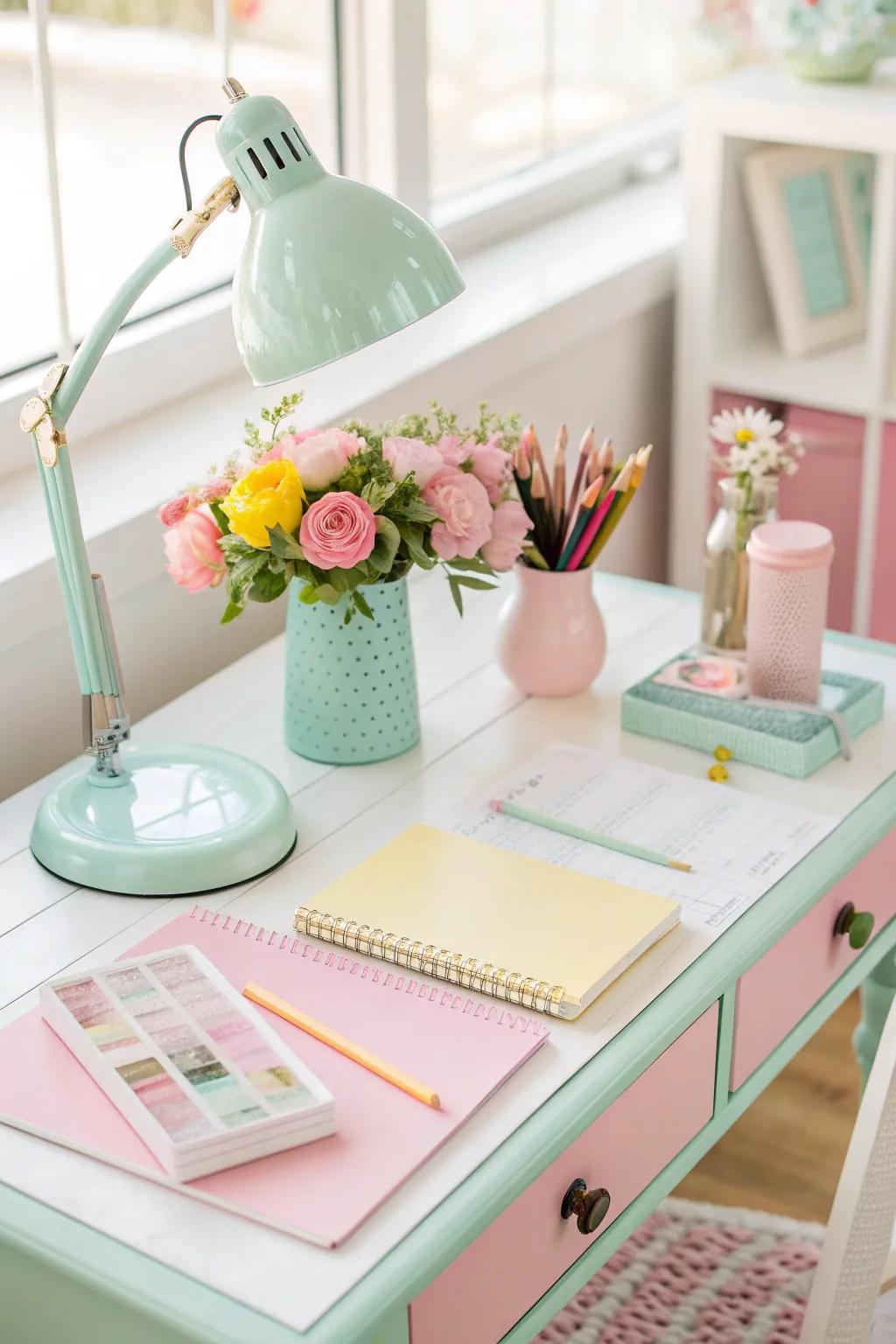 Embrace the soothing vibes of pastels to create a lively yet calming workspace.