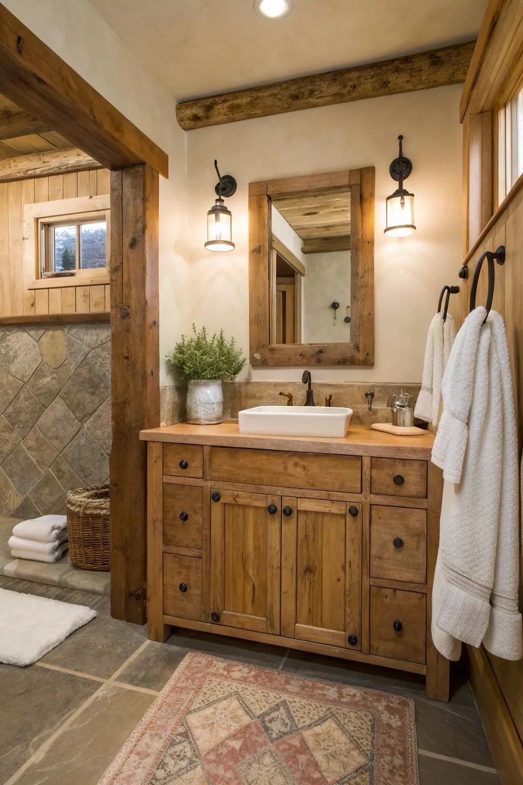 Add warmth with reclaimed wood vanities for a timeless rustic appeal.
