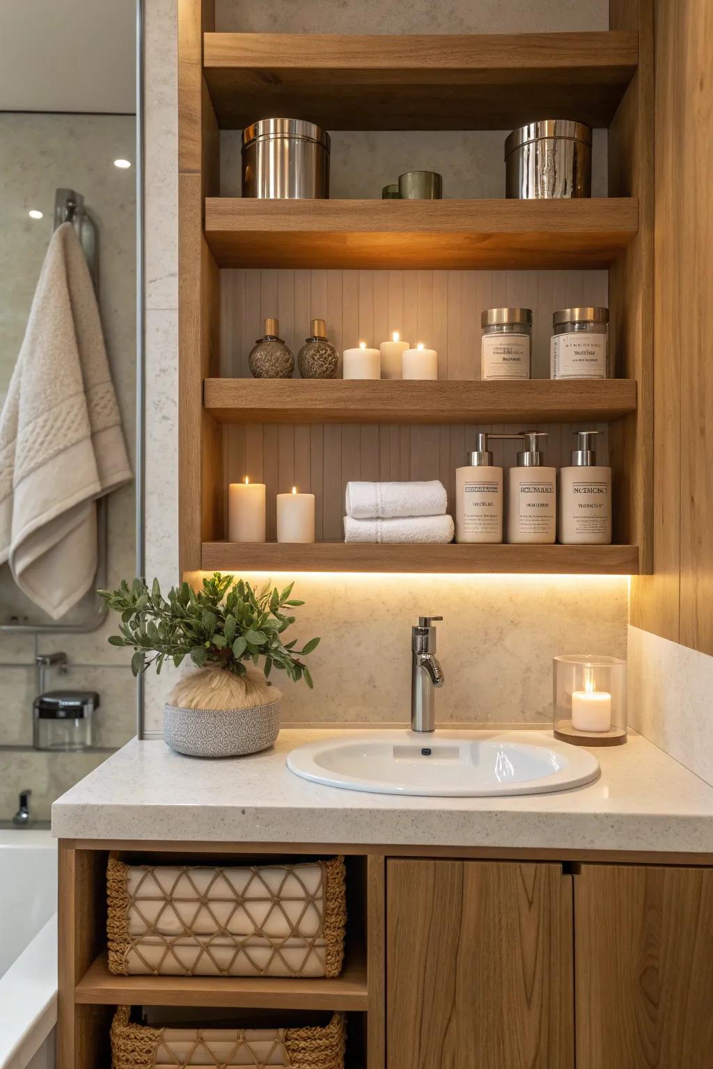 Keep your counter clear with recessed shelving that offers easy access to everyday essentials.