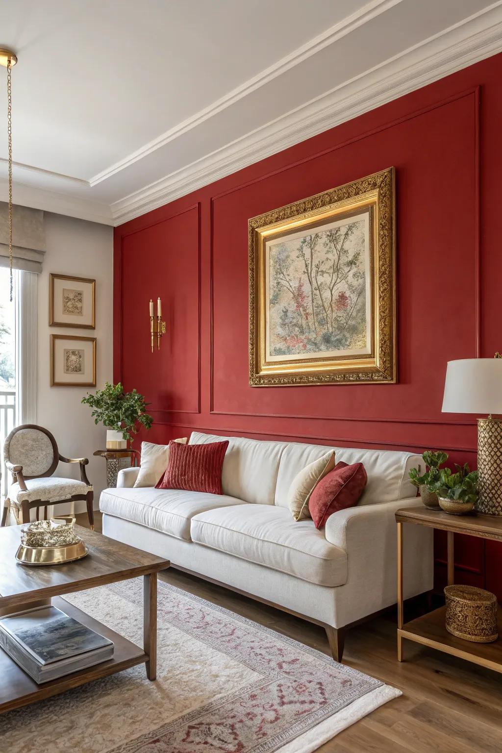A bold red wall is a perfect canvas for showcasing gold elegance and sophistication.