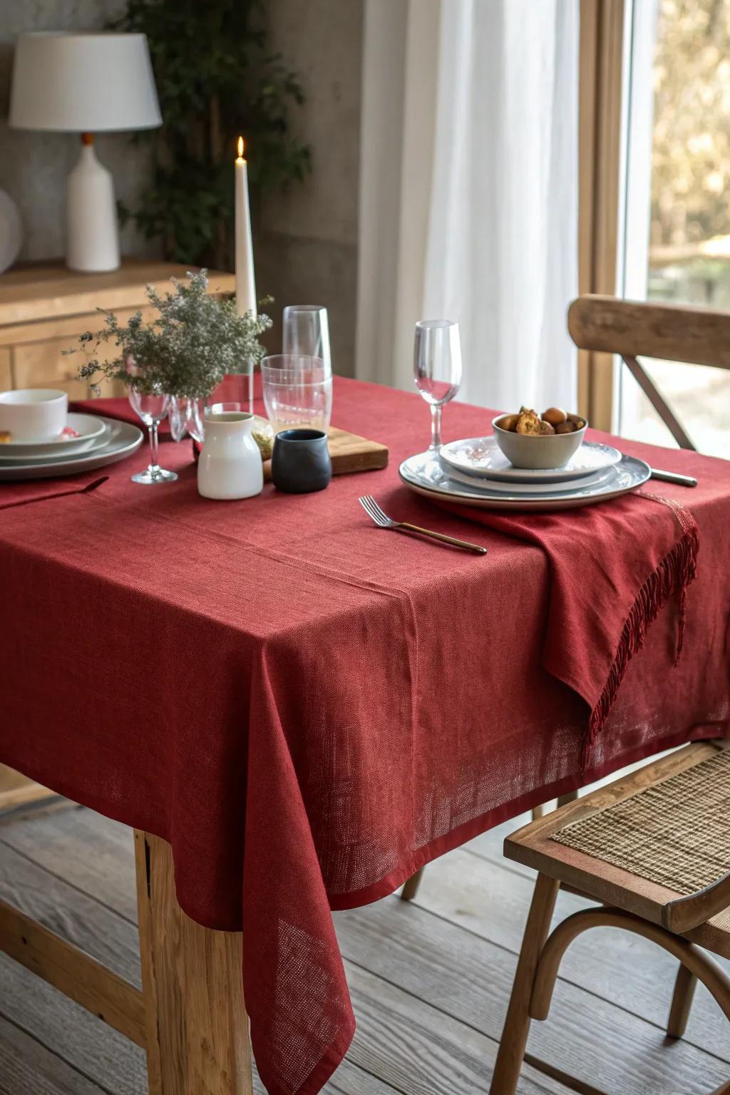 A deep red tablecloth acts as the perfect canvas for a bold dining experience. #TableDecor #DiningInspiration 🍷