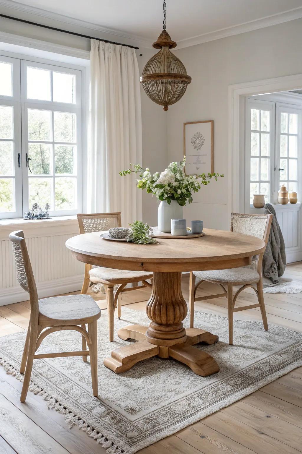 Embrace timeless elegance with a classic pedestal base that enhances any dining space.