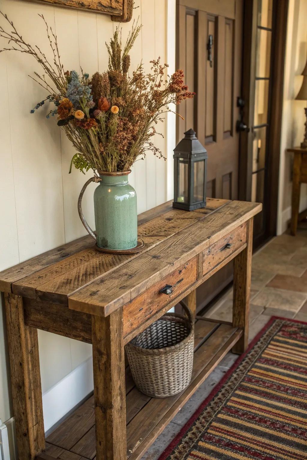 A distressed wood table sets the stage for rustic charm and character in your entryway.