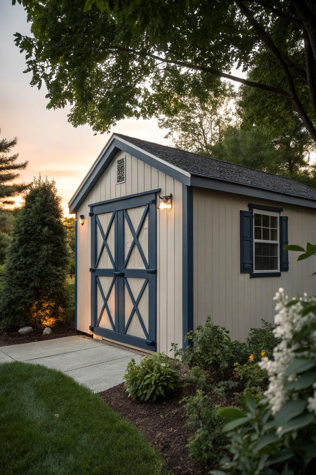 Bold contrasts make your shed stand out, adding a modern flair to your garden oasis.