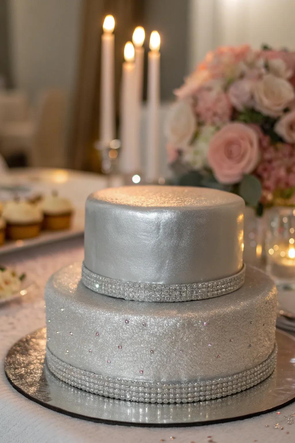 A sleek silver fondant cake that shines like a gem in any setting.