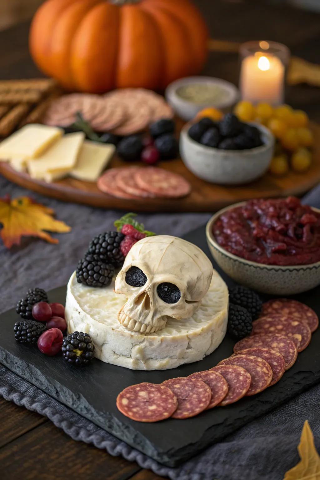 A brie skull centerpiece sets a hauntingly beautiful tone for your charcuterie board.