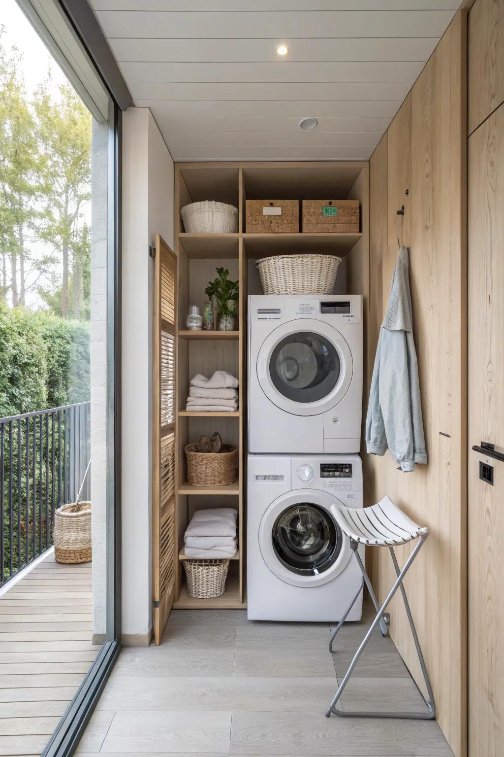 Elevate your laundry game by stacking your appliances for a chic and space-saving solution. #LaundryRoomGoals #SmallSpaceDesign 🧺